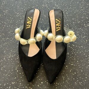 Zara black kitten heels with faux pearls